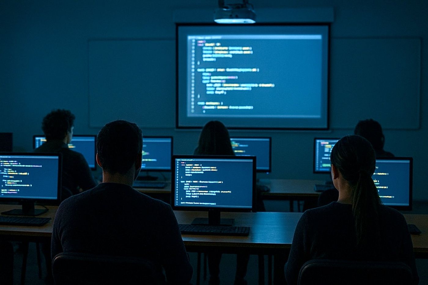 Students at laptops during a programming class session